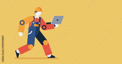 Animated construction worker in a hard hat and overalls walking with a laptop, symbolizing mobile technology, project management, and digital solutions in industry.