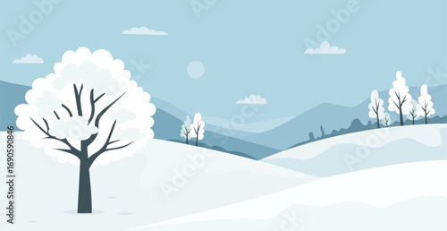 Winter Snow landscape poster. Seasonal Mountain Nature. Minimal  winter-time horizontal background banner. Vector illustration. Not AI