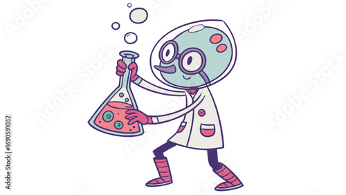 Quirky Alien Scientist with Erlenmeyer Flask and Bubbling Potion