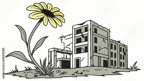 Resilient Sunflower Beside Ruined Building