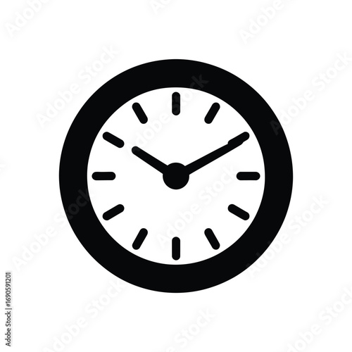 Black and White Icon of a Round Clock Face with Hands on White Background time watch
