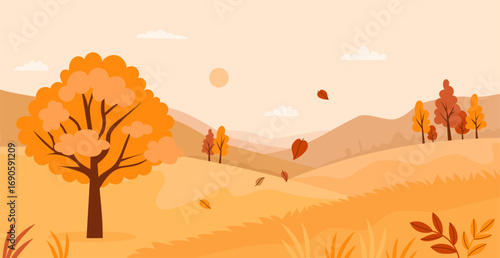 Autumn landscape with trees and falling leaves poster. Golden Seasonal Park Nature. Minimal fall horizontal background banner. Vector illustration. Not AI