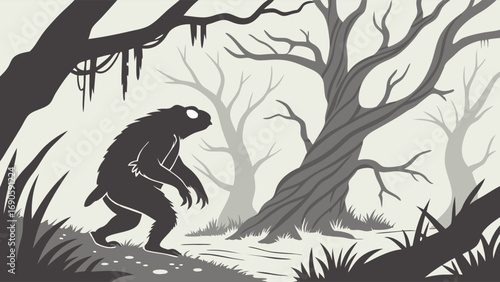 Silhouetted Bigfoot Figure in a Monochromatic Swampy Forest