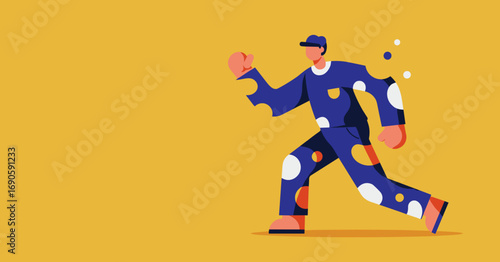 A dynamic vector illustration of a person in a blue polka-dot outfit, actively running or stepping forward on a vibrant yellow background, symbolizing progress, energy, and movement.