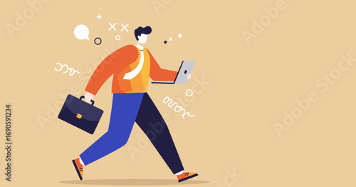 Dynamic illustration of a man walking with a laptop and briefcase, representing productivity, modern business, and professional on-the-go lifestyle.