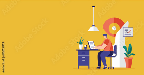 Focused man works efficiently on a laptop at his desk, surrounded by elements of business growth, data analysis, and time management. Ideal for concepts of productivity and remote work.
