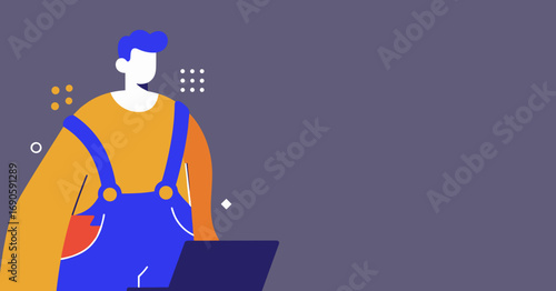 Flat illustration of a person in overalls using a laptop. Represents remote work, online learning, digital creativity, and modern technology for business or education.