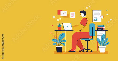 An illustrated depiction of a person working at a desk, using a laptop, with office supplies and plants, set against a yellow background.