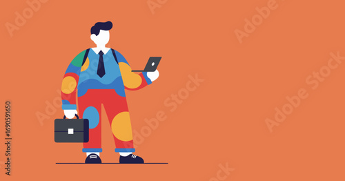 Vibrant businessman in colorful attire holds a laptop and briefcase on orange, symbolizing modern business, digital work, and creative solutions.