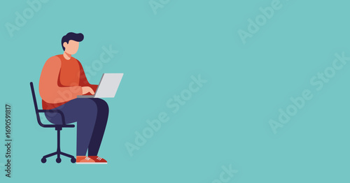 Young man focused on working remotely with his laptop, sitting comfortably on an office chair. Ideal for modern business, online learning, or digital lifestyle concepts.