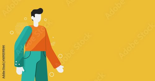 Modern flat design illustration of a man gesturing on a vibrant yellow background. Ideal for business, communication, or digital concepts with copy space.