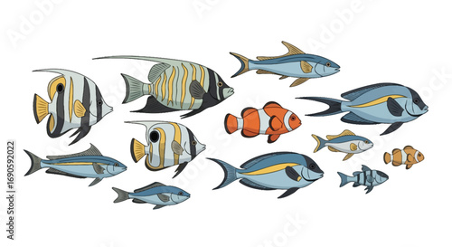 Collection of Diverse Tropical Fish Species Swimming Together.