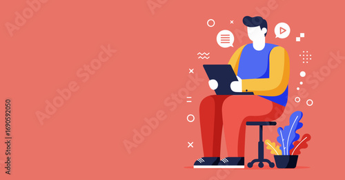 Person works on laptop, surrounded by icons for communication, video, and ideas. Ideal for remote work, education, or digital lifestyle concepts.