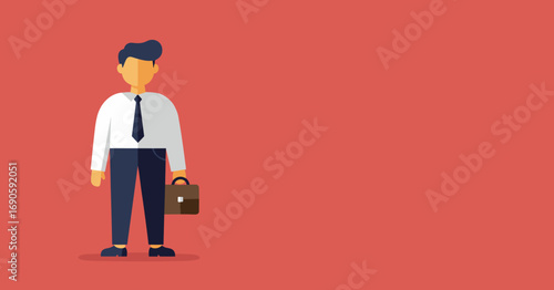 Professional businessman illustration in flat design, holding a briefcase against a simple red background with copy space. Ideal for concepts of career, success, employment, and corporate themes.
