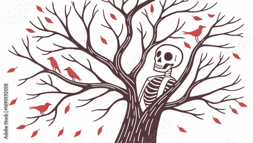 Stylized Autumn Tree with Red Birds Falling Leaves and a Hidden Skeleton