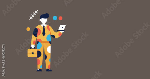 Stylish businessman in a colorful suit juggling tasks with a laptop and briefcase, representing modern multitasking and productivity in a dynamic work environment.