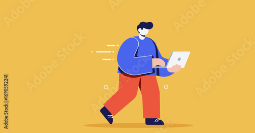 Vibrant illustration of a person walking purposefully while using a laptop, symbolizing mobile productivity, remote work, and modern digital lifestyle.