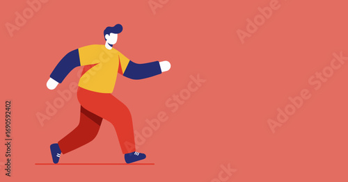 Stylized illustration of a person actively walking or running, depicting movement, progress, and modern lifestyle. Ideal for web design and business concepts with ample copy space.