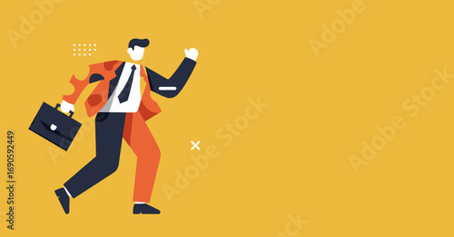 Dynamic businessman illustration moving forward with briefcase, symbolizing progress, ambition, and a fast-paced corporate lifestyle. Ideal for business, finance, and career concepts.