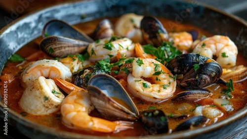 A hearty seafood soup with shrimp and clams, garnished with herbs. A flavorful twist on the classic French dish bouillabaisse.