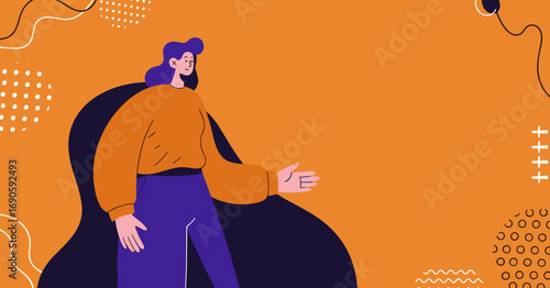 Vibrant flat design illustration of a woman presenting or inviting with an outstretched hand on a modern orange background. Perfect for business, marketing, or digital concepts.
