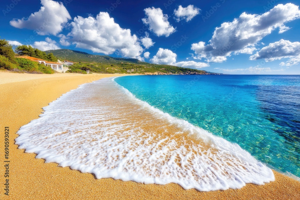 Obraz premium Golden beach, turquoise waves, sunny sky