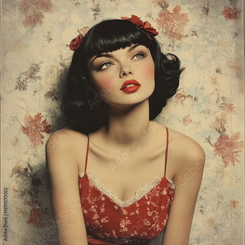 Wallpaper Mural Illustration of a beautiful black-haired girl in a vintage red dress in front of a floral wallpaper Torontodigital.ca