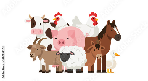 Farm Animals Collection Cute Cartoon Style.