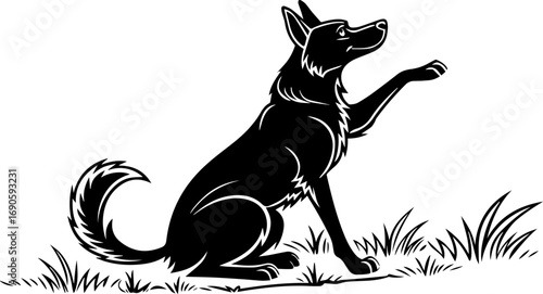 Dog Giving a Paw - Black and White Vector Illustration