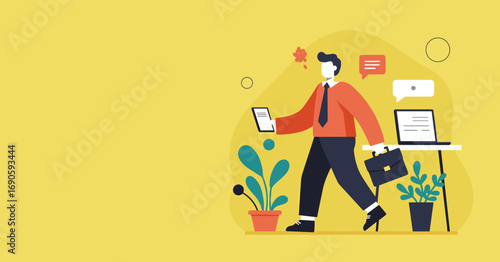 Dynamic illustration of a businessman walking, multitasking with a tablet, and carrying a briefcase, representing productivity, modern communication, and a busy professional lifestyle.