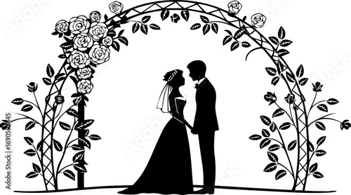 Wedding Couple Silhouette with Floral Arch - Black and White Vector Illustration