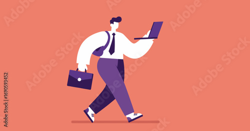 Modern professional man walking with a briefcase, laptop, and backpack. Represents business on the go, productivity, remote work, and technology-driven lifestyle.