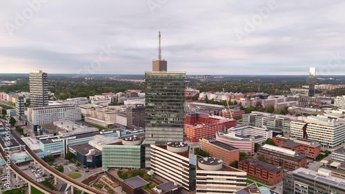 Kista district in Stockholm, Sweden, home to many science and IT companies and businesses, with the famous Kista Science Tower amongst other skyscrapers and smaller buildings
