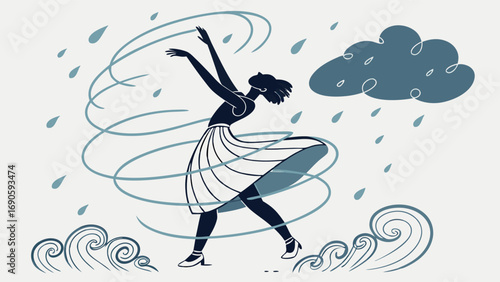Stylized Woman Dancing in a Storm with Rain Wind Waves and Cloud