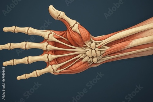 Detailed anatomical model of the human hand showing bones muscles and tendons.
