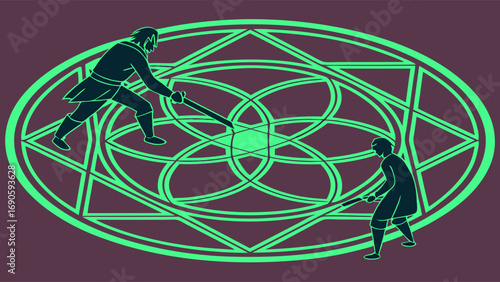 Two Silhouetted Swordsmen Engaged in Combat Within a Geometric Design