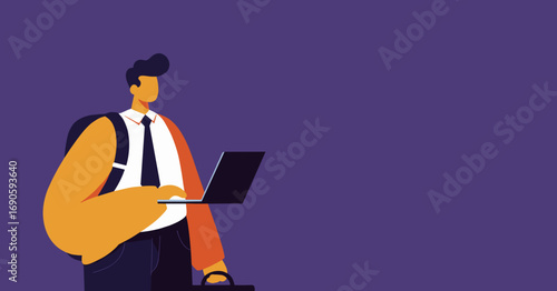 A modern flat design illustration depicts a focused businessman or student carrying a backpack and briefcase while actively using a laptop against a clean purple background.