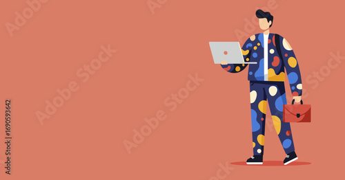 Stylish man in a vibrant, artistic suit holds a laptop and briefcase, representing modern business, creative work, digital nomad lifestyle, and technology.