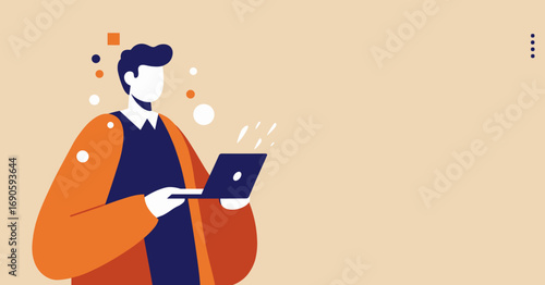 Modern illustration of a professional or student focused on a laptop, symbolizing remote work, online learning, or digital productivity with ample copy space.
