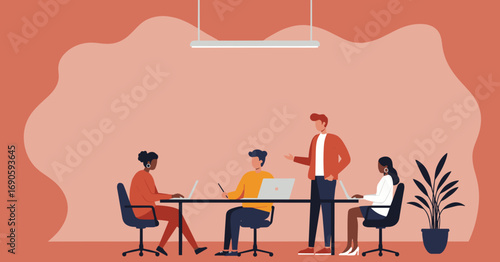 Diverse team collaborates in a modern office meeting. Illustrates teamwork, communication, and business strategy for professional success.