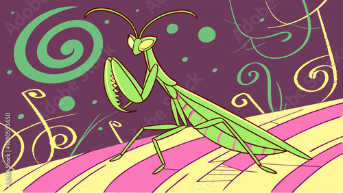 Vibrant Green Praying Mantis on Abstract Swirl Background