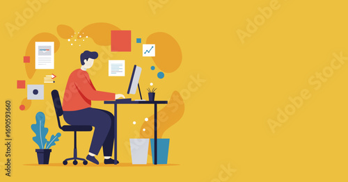 Illustration of a person focused on work at a desk with a computer, surrounded by documents and data. Ideal for themes of productivity, remote work, or business tasks.