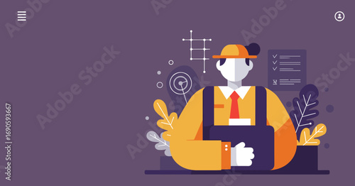 Professional character in work attire and hard hat, surrounded by abstract elements representing planning, strategy, and task management. Ideal for business, industry, and conceptual design.