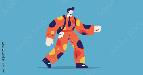 Modern man in a colorful patterned suit and backpack confidently walks forward, symbolizing progress, individuality, and a dynamic urban lifestyle.