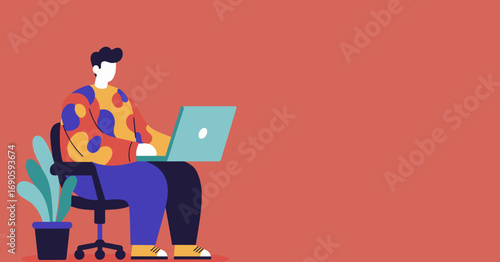 Modern flat illustration of a person working remotely on a laptop, embodying productivity and digital lifestyle. Ideal for business, education, or technology concepts.