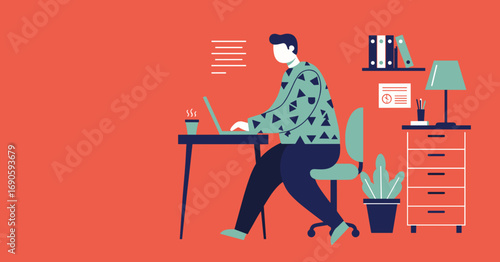 Man working efficiently on his laptop at a tidy home office desk. Ideal for concepts of remote work, online education, or professional productivity.