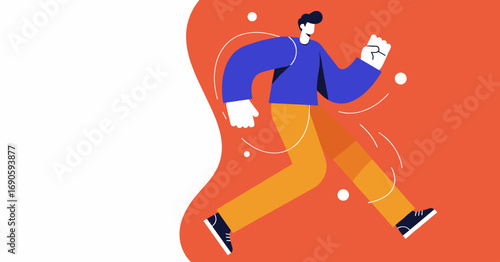 Energetic man illustration moving forward with purpose on a vibrant background. Represents progress, speed, success, business growth, and active lifestyle.