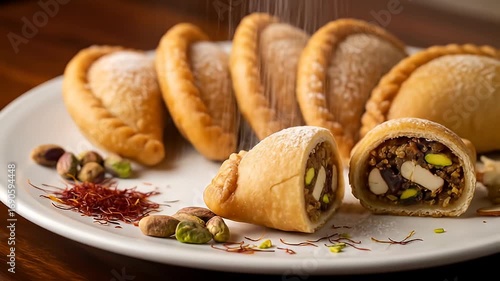 Golden Brown Gujiyas on White Plate with Pistachios and Almonds against Dark Wood Table Top