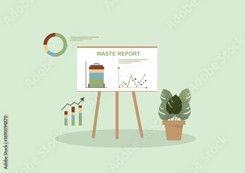 Waste Report. Strategic waste management plan. Business vision for zero waste. Corporate sustainability metrics. Waste audit results. Sustainable business indicators. Flat design. Vector illustration
