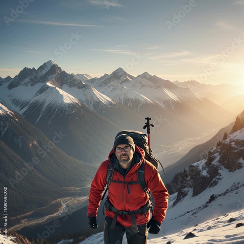 Mountaineer in red jacket climbing snowy ridge at sunrise 
